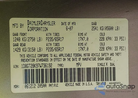 2007 Dodge Nitro Sxt z USA, uszkodzony, nr VIN 1D8GT28K97W736192